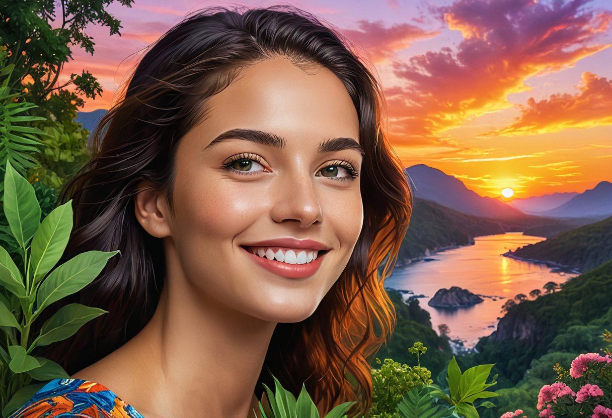 A stunning collage featuring a high-resolution portrait of a smiling artist alongside a breathtaking scenic landscape, showcasing the contrast between human expression and nature's beauty. The portrait captures intricate facial details and vibrant colors while the landscape displays lush greenery and a colorful sunset sky. The overall composition flows harmoniously, highlighting the theme of aesthetic imagery. super-realistic. vibrant colors. digital art.