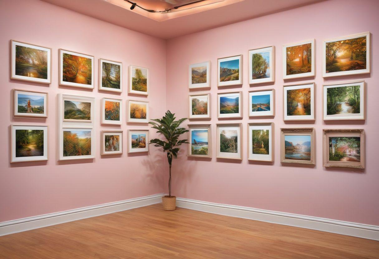 A stunning gallery wall filled with a diverse array of vibrant photographs showcasing nature, architecture, and portraits, with soft glowing lights illuminating each piece. In the foreground, a viewer stands captivated by the art, holding a camera, ready to capture the moment. The background features soft pastel colors to enhance the visual appeal. super-realistic. vibrant colors. elegant gallery setting.